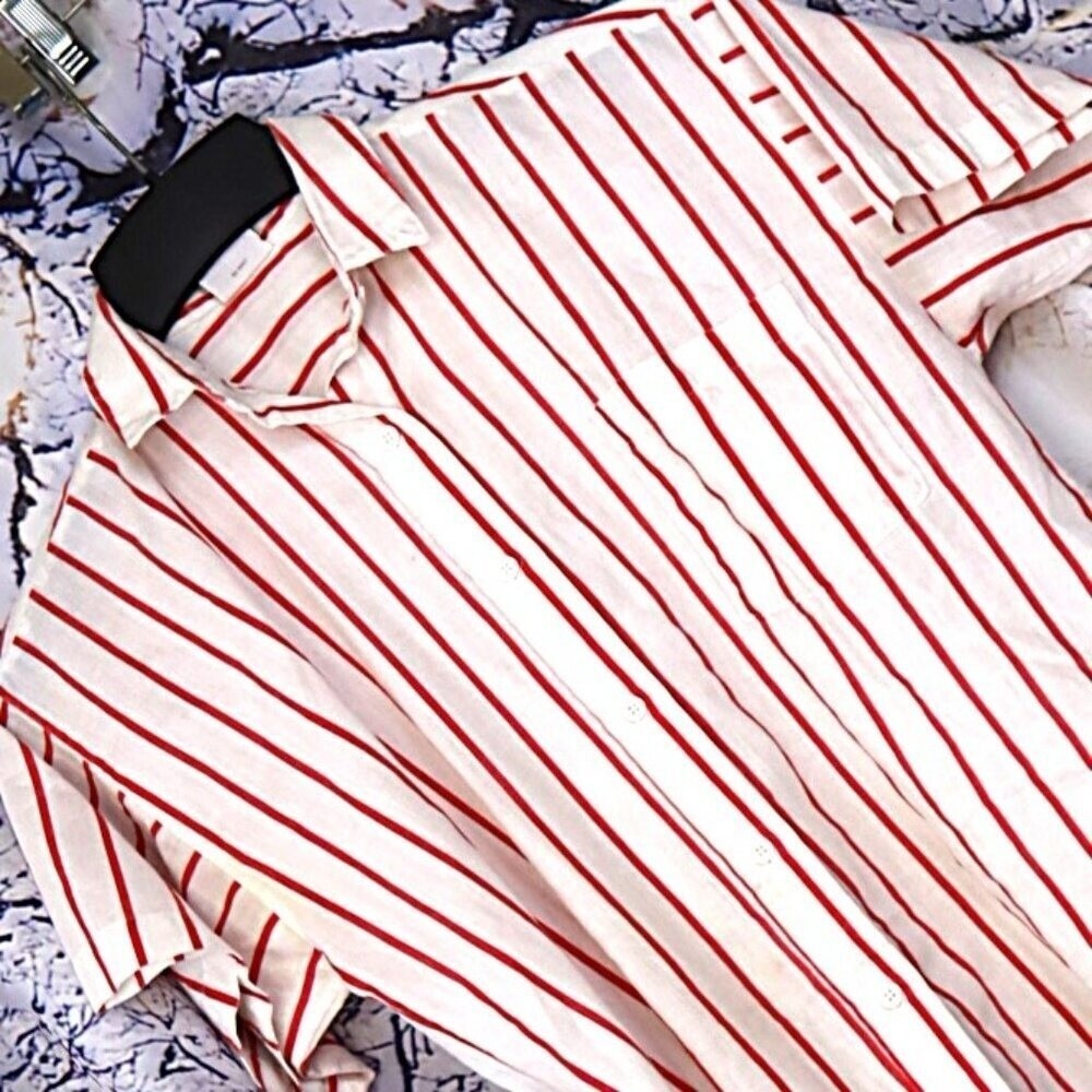 CORAL STRIPE BUTTON DOWN 1X Vintage 90s Cream Pink Candy Office Workwear Retro